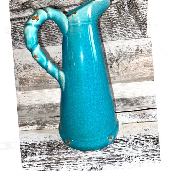 SOLD Turquoise Ceramic Decorative Pitcher 10” tall - Picture 2 of 4